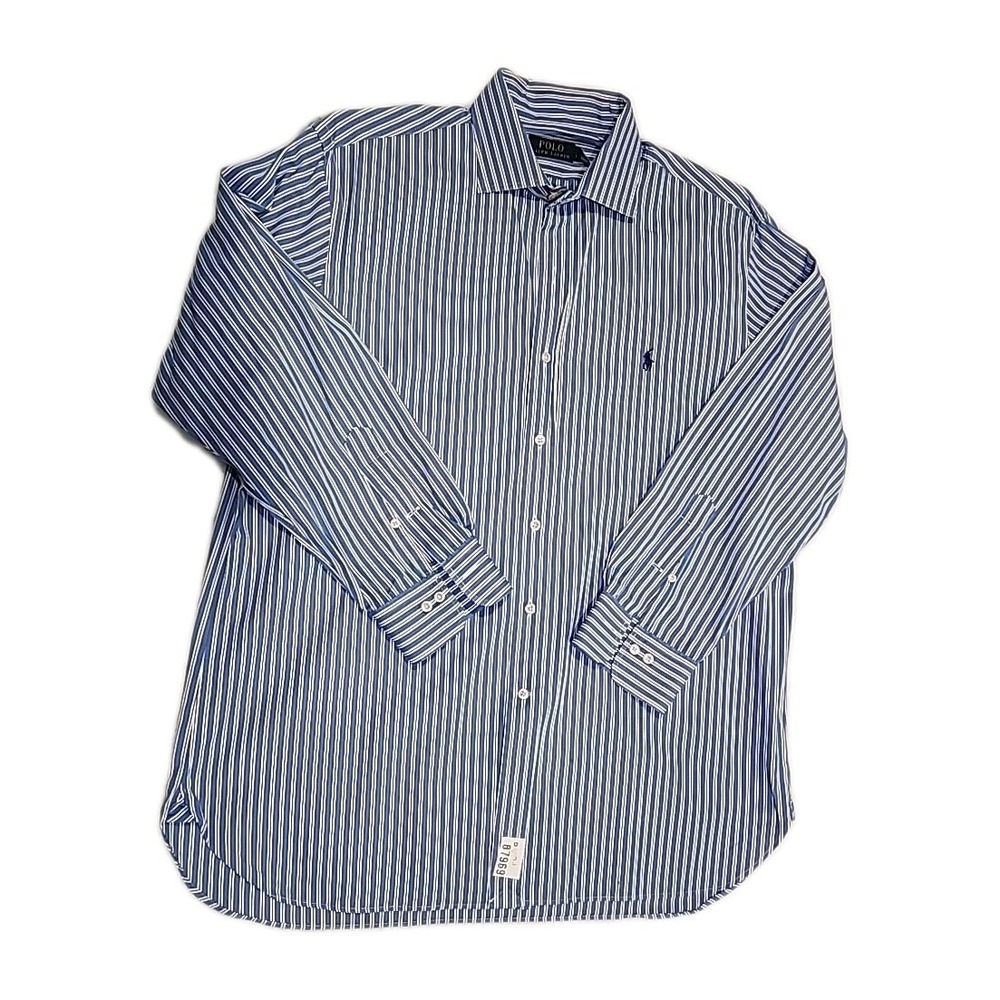 Ralph Lauren Classic Button Up 17‎ 32/33 Blue w/ White Black Stripe Long Sleeves
